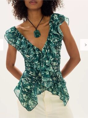 Free People Teal Green Ruffle V-Neck Blouse
